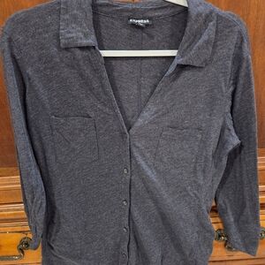 Express Womans Charcoal Button Down Shirt 3/4 Sleeve